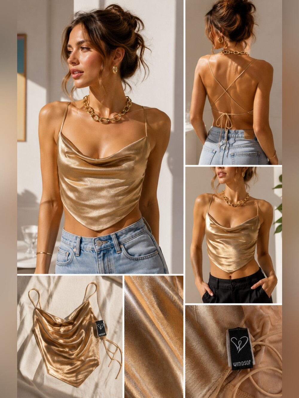 Windsor Gold Metallic Open Back Cowl Crop Top Small